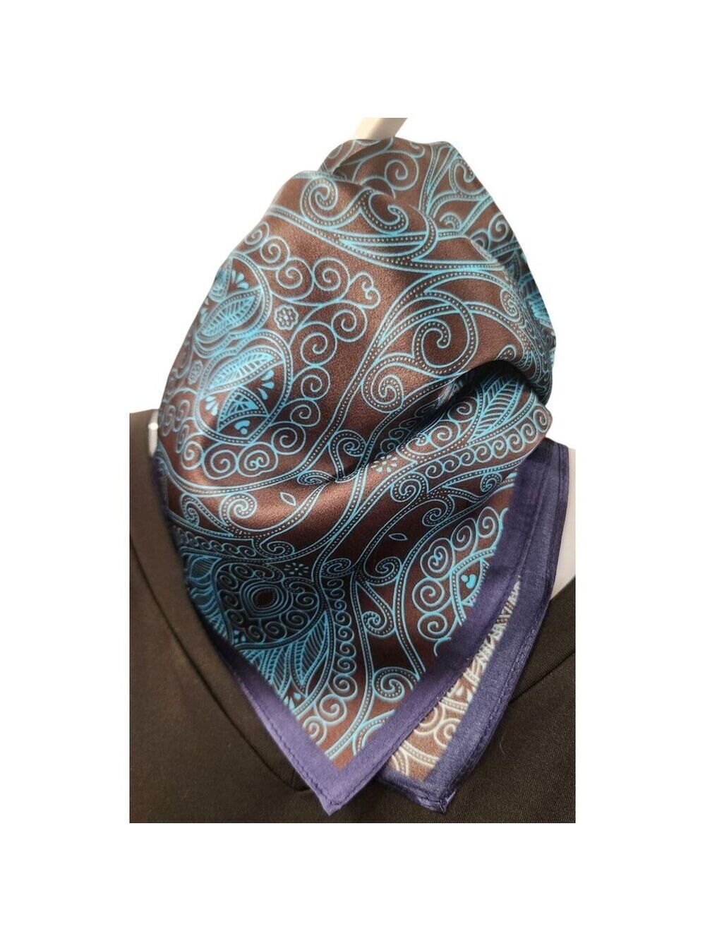 Silk Square Scarf Brown & Turquoise Paisley Design 20"x20" Elegant Soft Handkerc - Picture 4 of 12